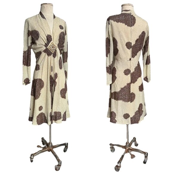 70s vintage metallic midi dress animal cow print beaded v-neck long sleeve. - Picture 8 of 12